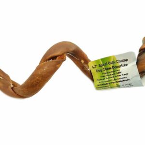 A spiral-shaped, brown dog chew with a green and white label reading "DUPLICATE FOR TESTING (Natur's Own Dog Chews Spiral Bully Chomp 5''-7'')" is displayed on a white background.