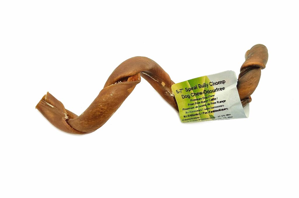 A spiral-shaped, brown dog chew with a green and white label reading "DUPLICATE FOR TESTING (Natur's Own Dog Chews Spiral Bully Chomp 5''-7'')" is displayed on a white background.