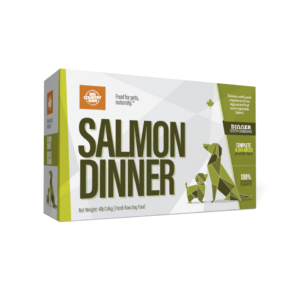 Box of “Salmon Dinner” fresh raw dog food, with geometric dog and tree graphics in green. Text highlights it’s for pets, contains salmon, and weighs 4 lb (1.81kg). Brand: The Honest Kitchen.