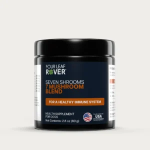A jar of Four Leaf Rover Seven'Shrooms 51 g powder for dogs, supporting a healthy immune system. The label highlights it as a USA-made health supplement.