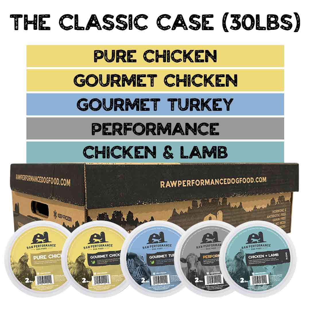 A box labeled “Raw Performance Dog Food” is displayed alongside five flavor tubs: Pure Chicken, Gourmet Chicken, Gourmet Turkey, Performance, and Chicken & Lamb. Text reads “Raw Performance Classic 30lbs,” highlighting a classic raw selection for your dog.