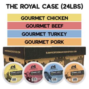 A box labeled "Raw Performance Royal 24lbs" contains four tubs of Raw Performance dog food: Gourmet Chicken, Gourmet Beef, Gourmet Turkey, and Gourmet Pork, each with a uniquely colored label.