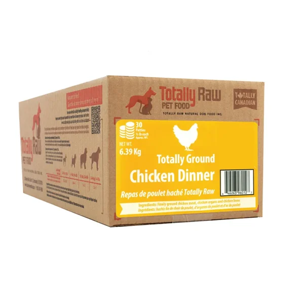 A brown and yellow box labeled "Totally Raw Pet Food: Totally Ground Chicken Dinner, 6.39 kg," featuring a chicken silhouette and text in English and French, indicating raw pet food for dogs.