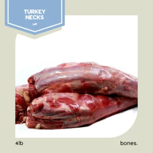 Raw turkey necks stacked on a white surface. A label in the corner reads "Turkey Necks" with a plane icon. Bottom text indicates "4lb" and the word "bones.