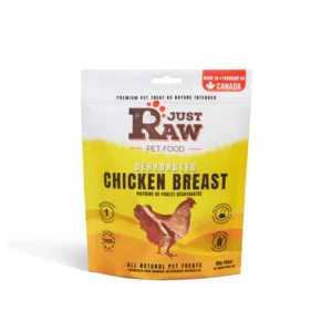 A white and yellow pouch of Just Raw Pet Food Dehydrated Chicken Breast treats, featuring a chicken illustration, product information, and a "Made in Canada" label at the top right.