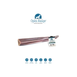A 12" Open Range Water Buffalo Collagen Stick is shown with its label, featuring the Open Range logo and icons below that highlight high protein, omega fatty acids, low fat, and benefits for joint and dental health.