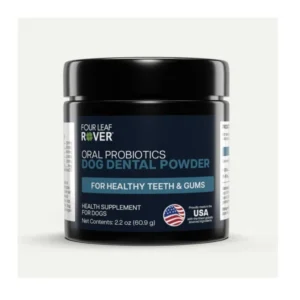 A black jar of Four Leaf Rover Oral Probiotics Dog Dental Powder, labeled as a health supplement for dogs to support healthy teeth and gums, with a USA-made insignia on the front.