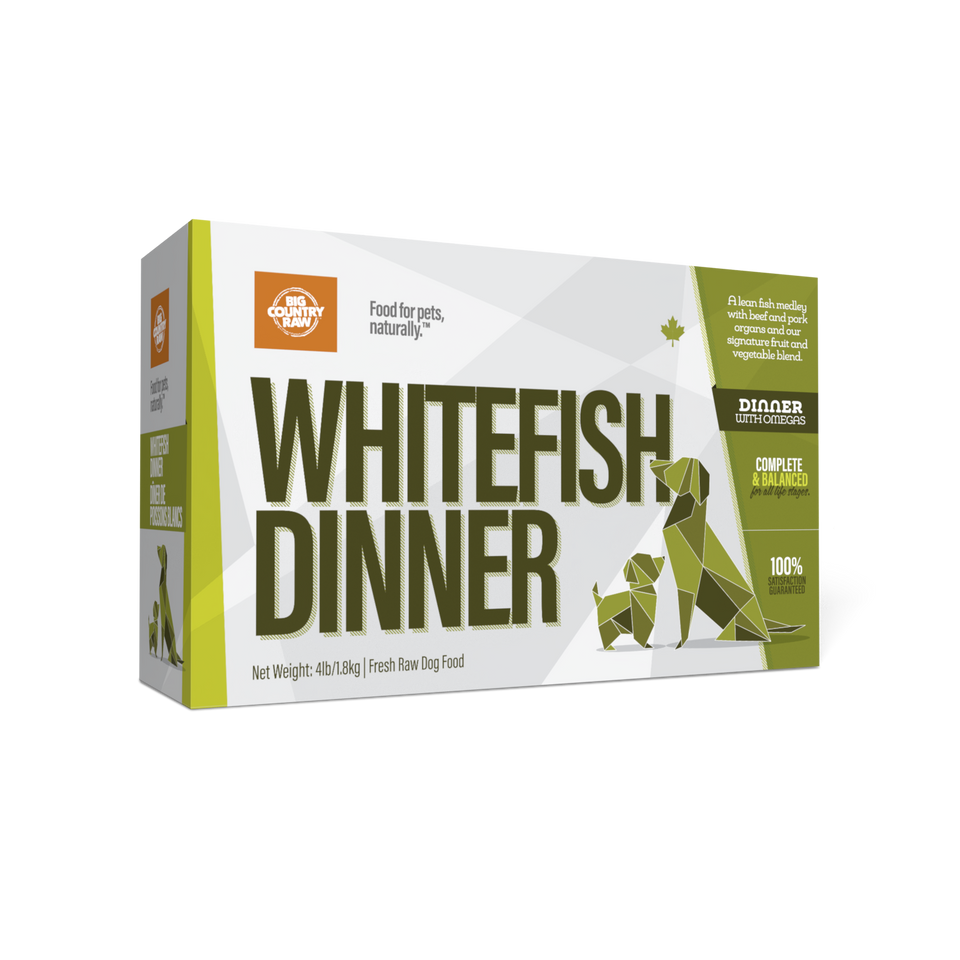 A box of Country Naturals Whitefish Dinner raw dog food, featuring geometric images of a dog and a cat, green and white design, and text highlighting natural ingredients and complete nutrition.