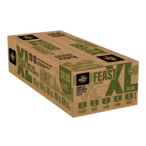 A rectangular cardboard box labeled "Big Country Raw XL Feast 30 lb" features green and black text with icons for turkey, beef, lamb, pork, and duck on the pet food packaging.