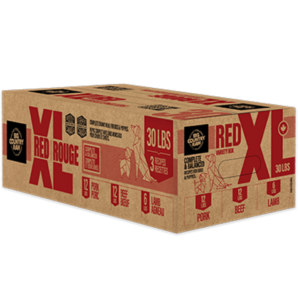 A large brown box labeled "Big Country Raw XL Red 30 lbs" features bold red and black text, illustrations, and contains 12 pork meals, 12 beef meals, and 6 lamb meals.