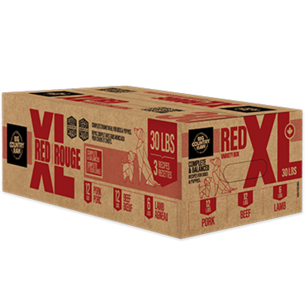 A large brown cardboard box labeled "Red XL Rouge," weighing 30 lbs. It contains assorted meats: 12 pork, 12 beef, and 6 lamb. The box features red and black text with icons representing each type of meat.