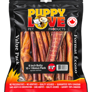 A clear plastic bag of Puppy Love Beef Bully Sticks 10+1 pc 6″, containing eleven six-inch beef bully sticks.
