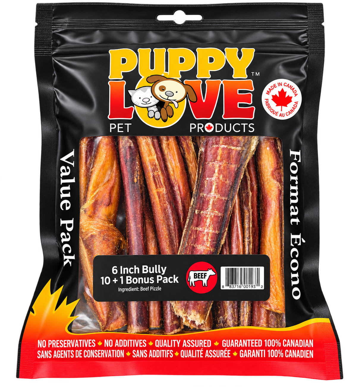 A clear plastic bag of Puppy Love Beef Bully Sticks 10+1 pc 6″, containing eleven six-inch beef bully sticks.