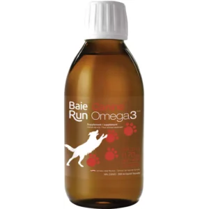 A bottle of Baie Run Canine Omega-3 supplement, featuring a white dog silhouette and red paw prints on the label. The bottle is amber, with a white cap. It contains EPA and DHA with 170 mg per 2.5 ml serving. Capacity: 200 ml.