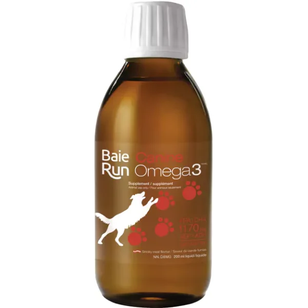 A bottle of Baie Run Canine Omega-3 supplement, featuring a white dog silhouette and red paw prints on the label. The bottle is amber, with a white cap. It contains EPA and DHA with 170 mg per 2.5 ml serving. Capacity: 200 ml.