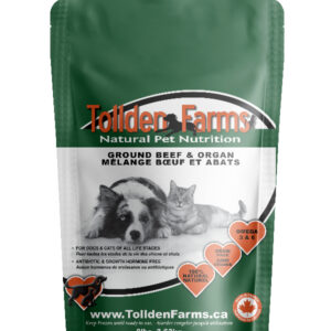 A green and white Tollden Farms Ground Beef & Organ 8 lb pet food bag features a dog and cat, highlights natural nutrition, Omega 3 & 6, and is suitable for all life stages.