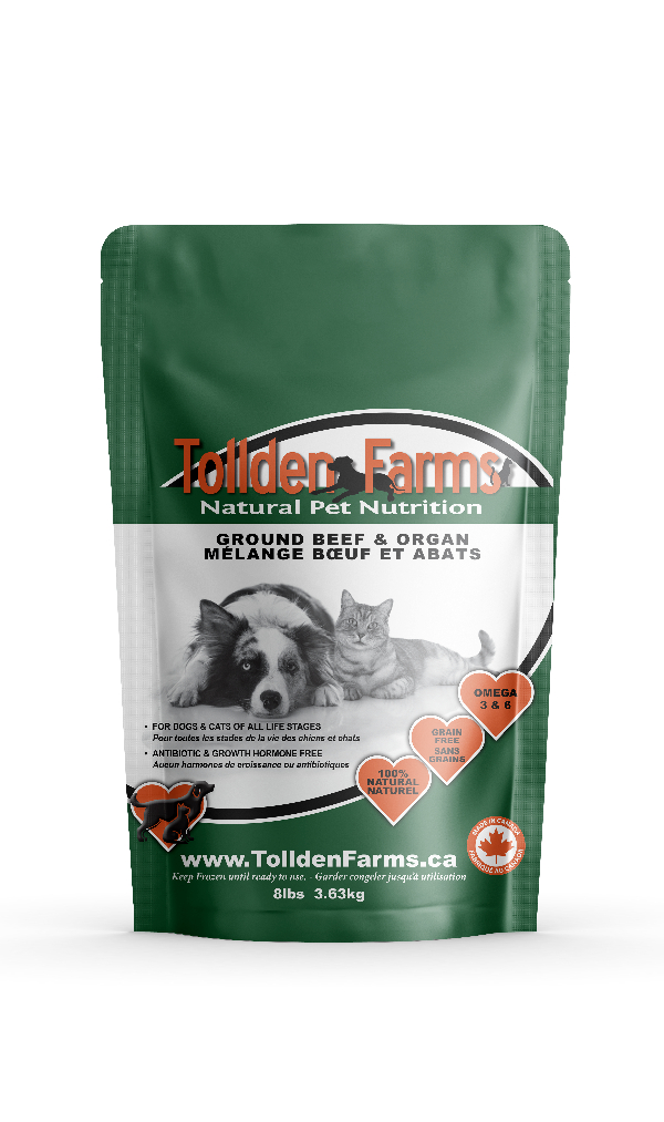 A green and white Tollden Farms Ground Beef & Organ 8 lb pet food bag features a dog and cat, highlights natural nutrition, Omega 3 & 6, and is suitable for all life stages.