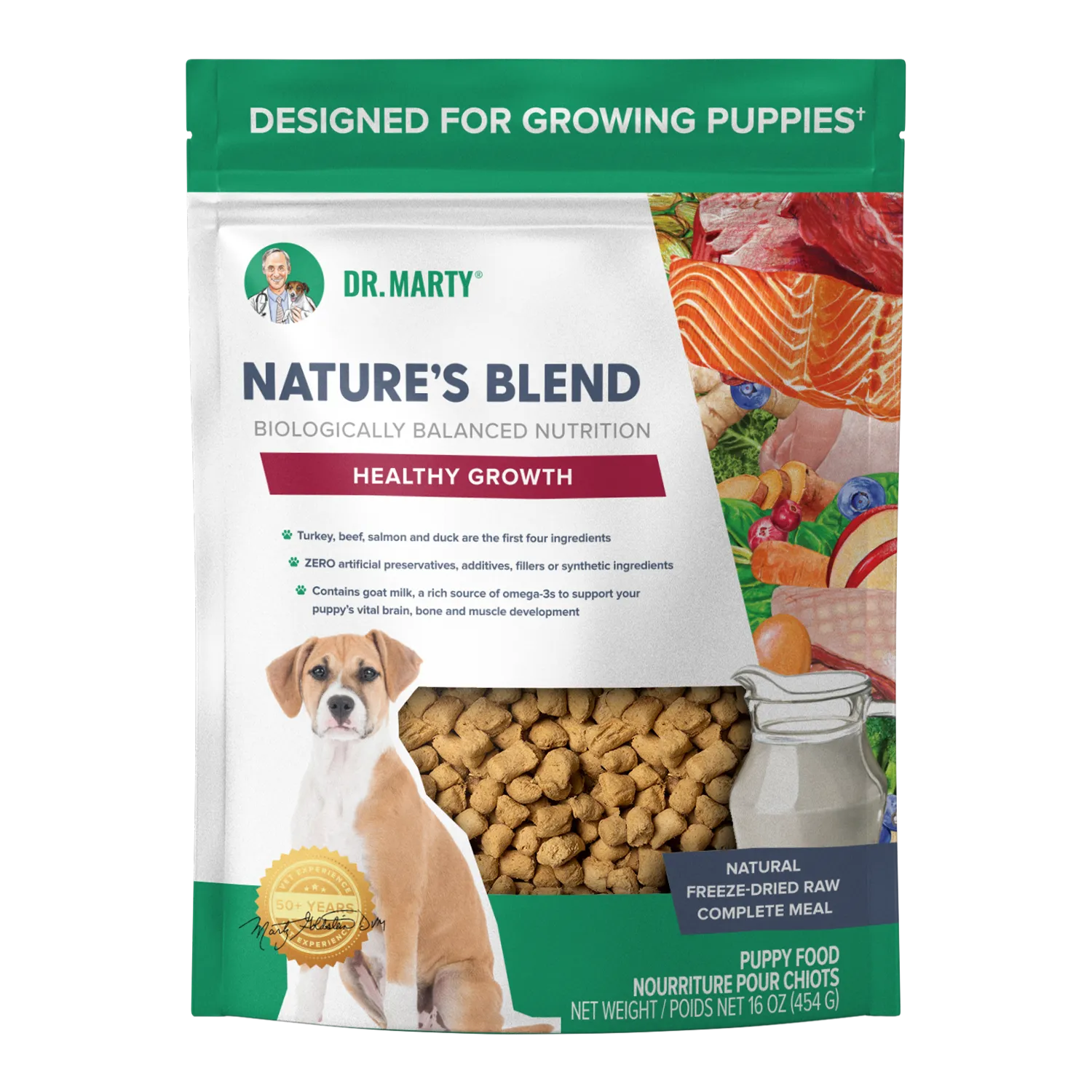 A 454 g bag of DR.MARTY Nature’s Blend Healthy Growth puppy food featuring a puppy sitting next to a kibble viewing window, with images of meat, fruit, and vegetables on the side.