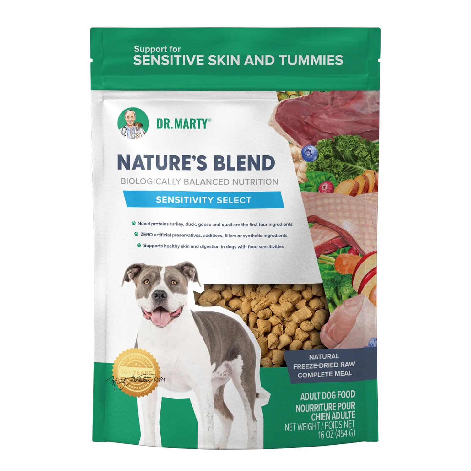 A bag of Dr. Marty’s Nature’s Blend Sensitivity Select adult dog food, featuring a photo of a dog and illustrations of raw meat and produce ingredients.