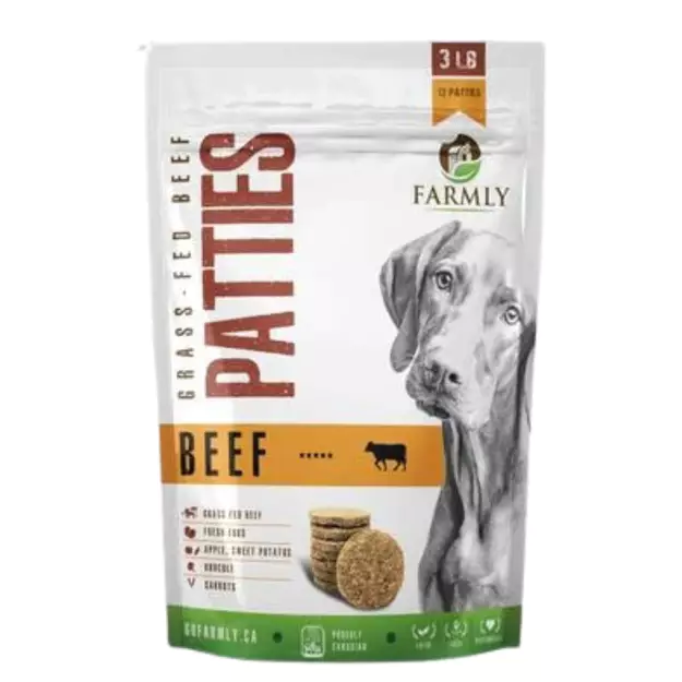 A bag of Farmly Grass-Fed Beef Patties dog food, showing a gray dog illustration, product features, and images of round patties. The bag is white with orange accents and text highlighting beef as the main ingredient.