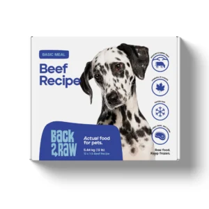 A white box of Back2Raw Beef 12 lbs (Basic) dog food with a Dalmatian photo, blue text, and pet food icons including a maple leaf, snowflake, and frozen food symbol.