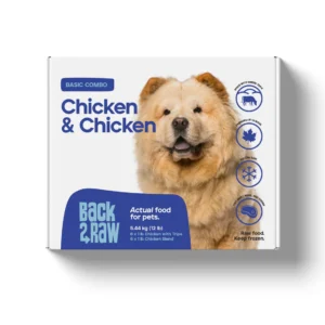 A white box with blue accents of Back2Raw Chicken & Chicken (basic) 12lbs displays a fluffy dog, icons for natural ingredients, high protein, frozen Canadian-made food, and the text "Chicken & Chicken.
