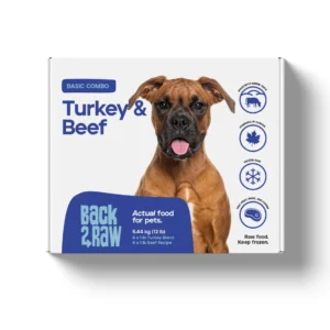 A box of Back2Raw Beef & Turkey 12lbs (Basic) pet food features a brown dog image, highlights natural ingredients, freezing, and raw food icons, and provides storage instructions.