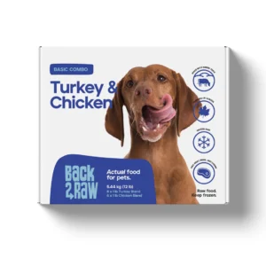 A box of Back2Raw Turkey & Chicken 12 lb (Basic) pet food shows a brown dog licking its nose. The label highlights freshness, Canadian sourcing, freezing, and portioning—perfect nutrition from Back2Raw.