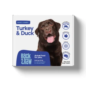 A 12 lb box of Back2Raw Basic Duck & Turkey pet food, featuring a happy chocolate Labrador on the packaging with icons for all-natural ingredients and frozen freshness.