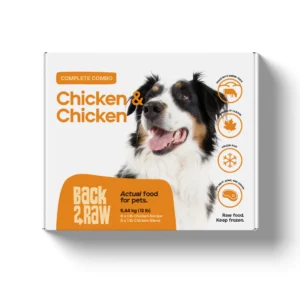 A box of Back2Raw Complete Chicken & Chicken 12lbs shows a happy black, white, and brown dog, with text "Chicken & Chicken" and icons for natural ingredients and freshness benefits.