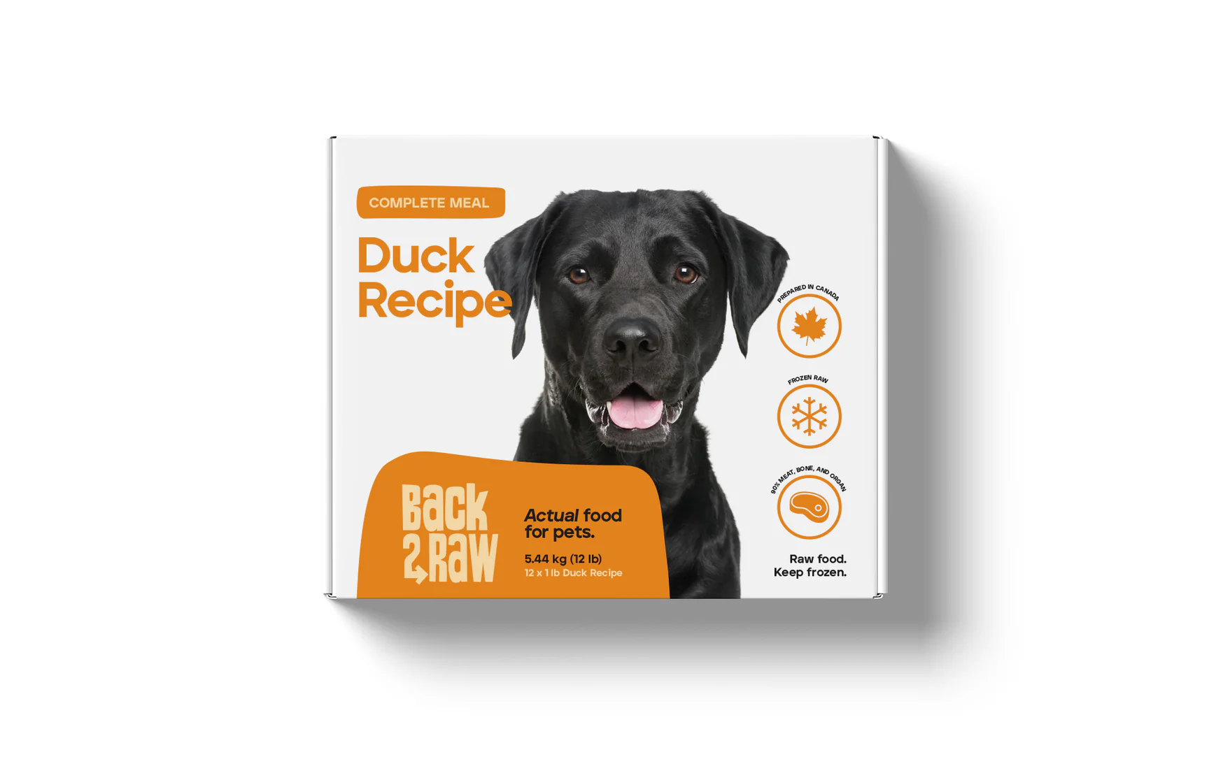A box of Back 2 Raw Duck Recipe pet food features a photo of a black dog, orange text, and icons indicating it’s a complete meal, made in Canada, high in protein, and meant to be kept frozen.