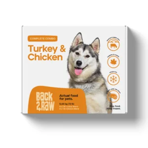 A box of Back2Raw Turkey & Chicken Complete 12lbs pet food, featuring a happy Alaskan Malamute, orange product details, and icons highlighting benefits: digestion, natural ingredients, protein, and safe food handling.