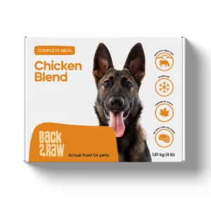 A box of Back2Raw Chicken Blend 4lbs pet food features a German Shepherd, product benefits icons, orange "Actual food for pets" text, and specifies the weight as 1.81 kg/4 lb.