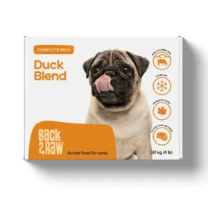 A 1.81 kg (4 lbs) box of Back2Raw Complete Duck Blend dog food shows a pug licking its nose and highlights raw, freeze-dried ingredients, Canadian-made quality, and suitability for dogs on the packaging.