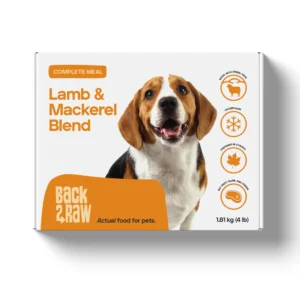 Box of Back2Raw Lamb & Mackerel 4 lbs pet food with an image of a happy dog, orange text and icons showing benefits like joint care, heart health, no grains, and a shiny coat. Box weight is 1.81 kg (4 lb).