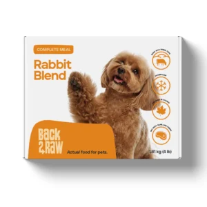 The Back2Raw Rabbit Blend 4 lbs package shows a small brown dog with one paw raised, along with product details and nutrition icons.