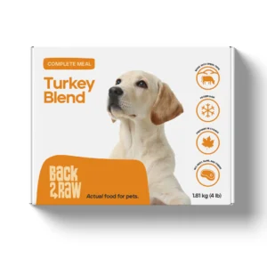 Back2Raw Complete Turkey Blend 4 lbs package, featuring a yellow Labrador photo and pet health benefit icons, weighs 1.81 kg (4 lb).