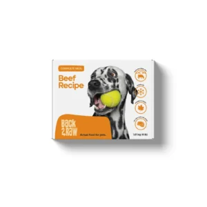 A box of Back 2 Raw Beef Recipe pet food, featuring a Dalmatian holding a yellow tennis ball in its mouth, with orange text and icons highlighting product benefits on a white background.