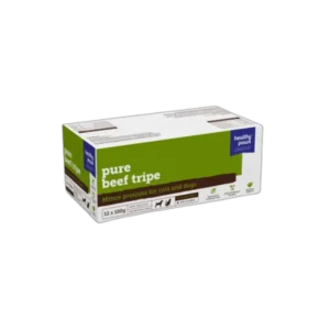 A rectangular box of Healthy Paws Pure Beef Tripe 12x100g mince portions for cats and dogs, with green and white packaging and the logo in the top right corner, set on a black background.
