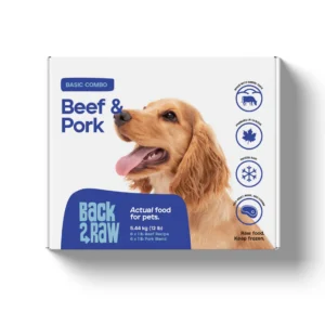 A box of Back2Raw Beef & Pork 12lbs (Basic) shows a happy brown dog, the text "Basic Combo Beef & Pork," and icons for pet health, freshness, and "Raw Food, Keep Frozen.