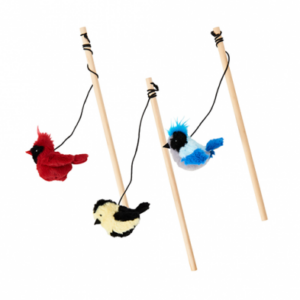 Three wooden sticks, each with a string attached to a small, plush bird toy: one red, one blue and white, and one yellow and black. The birds hang from the strings as if suspended in mid-air.