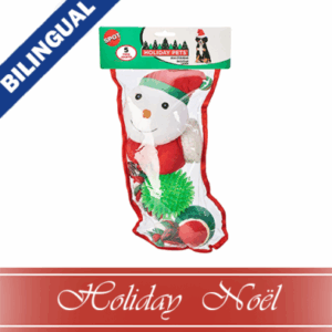 A holiday-themed pet toy set in a stocking-shaped package featuring a plush mouse, green spiky ball, and red-green toys. The label reads "Holiday Pets," with a "Bilingual" banner in the top left corner.