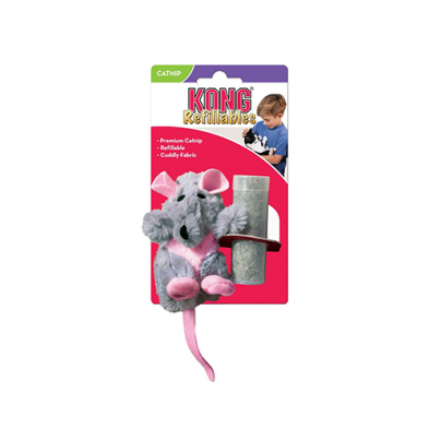 A KONG refillable cat toy shaped like a gray and pink mouse, packaged with a tube of catnip. The packaging shows a child playing with a cat.