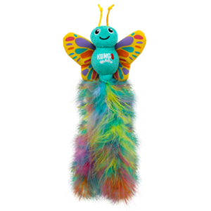 A colorful plush butterfly cat toy with a smiling face, bright wings, and a long, fluffy, multicolored tail. The word "KONG" is printed on its body.
