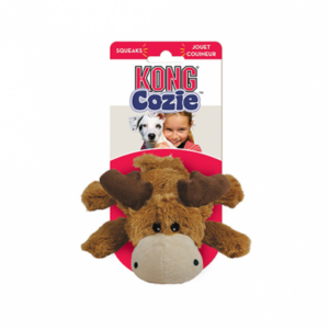 A KONG Cozie dog toy in the shape of a brown moose with plush fur and soft antlers, shown in its packaging with a photo of a dog and a child at the top.