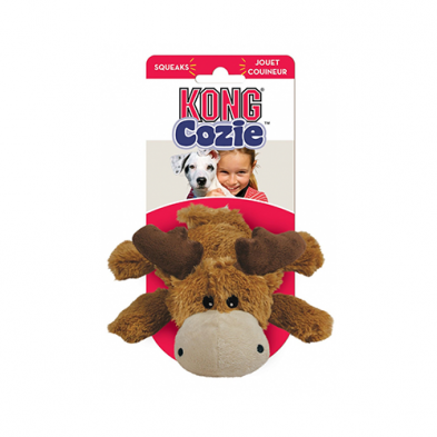 A KONG Cozie dog toy in the shape of a brown moose with plush fur and soft antlers, shown in its packaging with a photo of a dog and a child at the top.