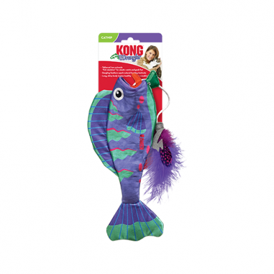 A colorful, fish-shaped KONG cat toy with purple, blue, and green stripes, attached feathers, and packaged with a label featuring a cat and a woman. The toy is labeled as containing catnip.