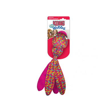 A colorful Kong Wubba dog toy with a multi-colored checkered pattern and long fabric tails, attached to red packaging featuring a dog and a child.