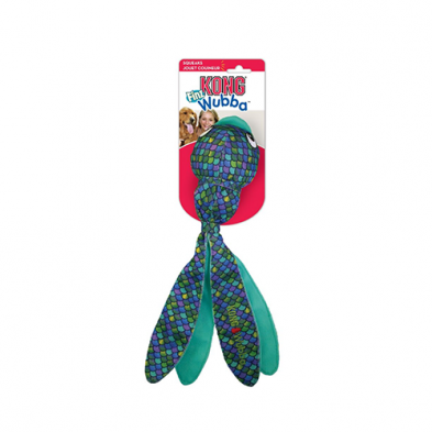 A blue and green KONG Fun Wubba dog toy with a textured, scaly pattern and long, floppy tails, shown in its packaging featuring a photo of a dog and a person on a red background.