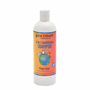 A white bottle of Earthbath 2-in-1 Conditioning Shampoo for pets, Mango Tango scent, with an orange and yellow label featuring cartoon animals and text indicating it conditions and detangles.